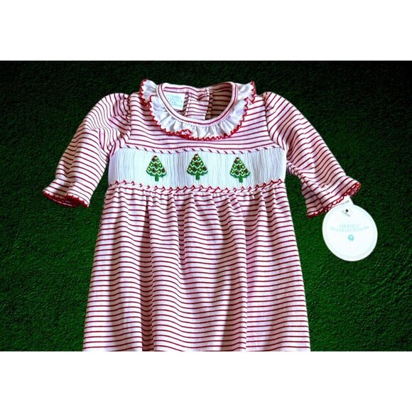 Edgehill Collection 0/3 M baby Girl Christmas Tree Smocked Sleeper Gown - Picture 5 of 8